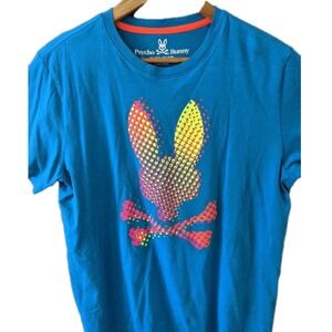 Rare Psycho Bunny T Shirt Blue Neon Pixels Pima Cotton Short Sleeve.  Sz S or M‎